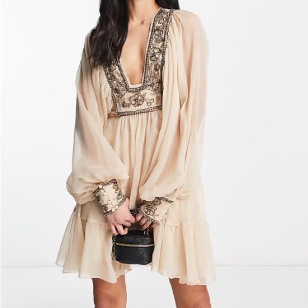 ASOS Embellished blouson sleeve mini dress in stone